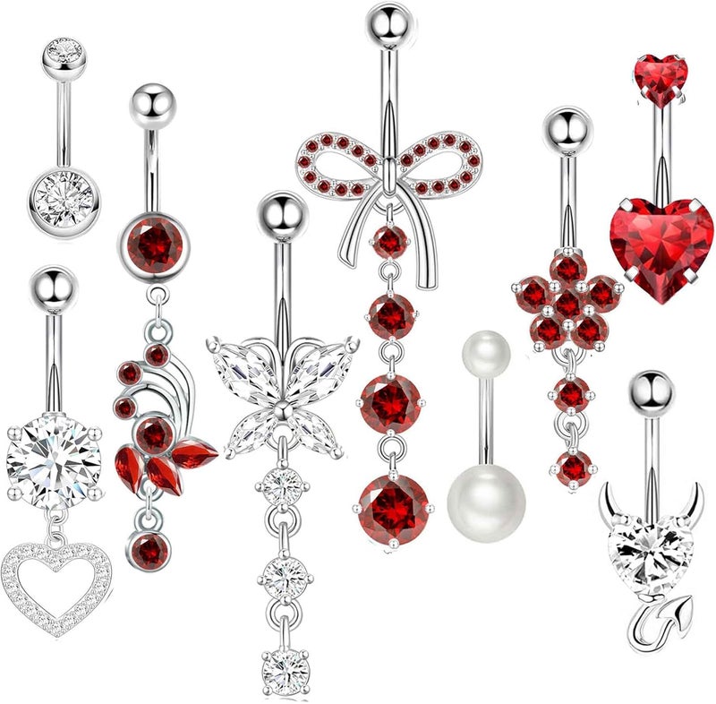 Suotarn 14G Belly Button ring Dangle Belly Rings Surgical Stainless Steel Cute Bow Butterfly Heart Flower Dangling Belly Button Piercing Jewelry For Women Silver Dainty Dangly Navel Ring - Image 1